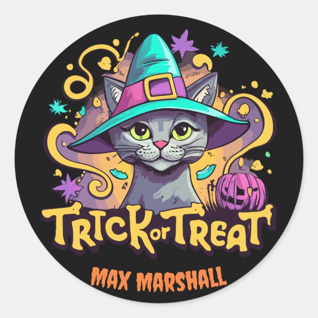 Trick or Treat Cat - Night Owl Pink Black Classic Round Sticker (Front)