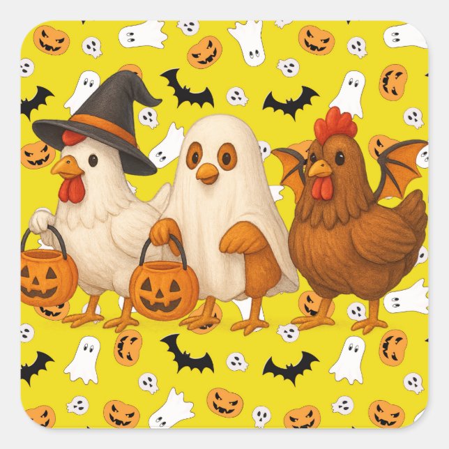 Trick-or-Treat Chickens Fun Halloween Square Sticker (Front)