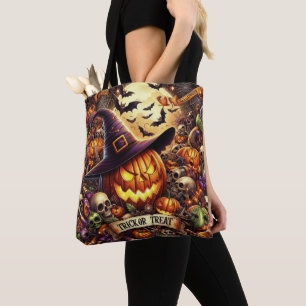 TRICK OR TREAT COLORFUL HALLOWEEN SKULLS TOTE BAG