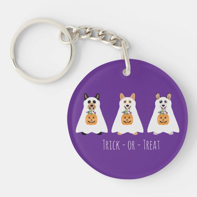 Trick Or Treat Corgi Ghost Dogs Halloween Key Ring (Front)