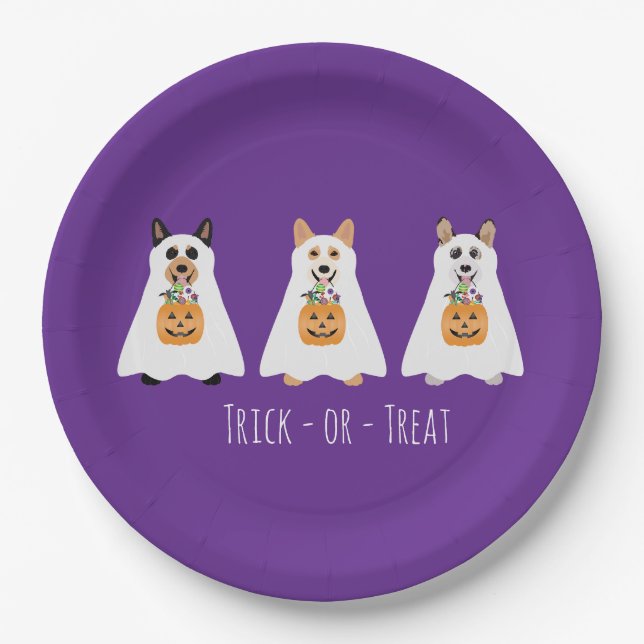 Trick Or Treat Corgi Ghost Dogs Halloween Paper Plate (Front)