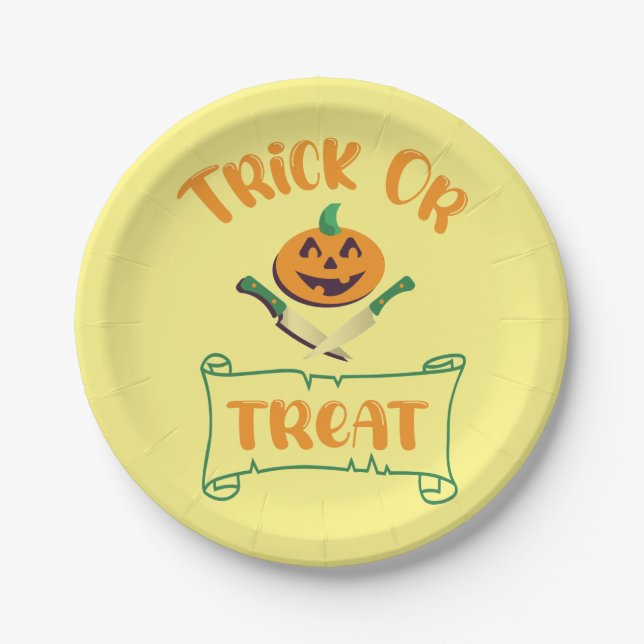 Trick or treat crossbones Halloween pumpkin face Paper Plate (Front)