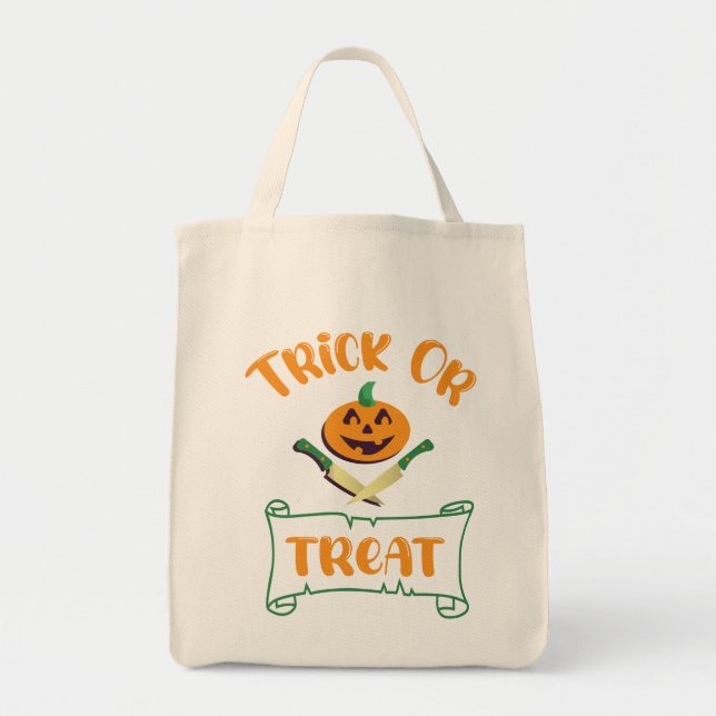 Trick or treat crossbones Halloween pumpkin face Tote Bag (Front)