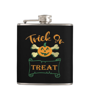 Trick or treat crossbones Halloween pumpkin  Hip Flask