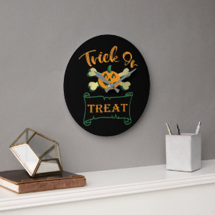 Trick or treat crossbones Halloween pumpkin  Large Clock