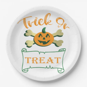 Trick or treat crossbones Halloween pumpkin  Paper Plate