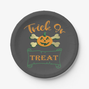 Trick or treat crossbones Halloween pumpkin Paper Plate