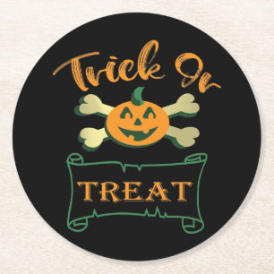 Trick or treat crossbones Halloween pumpkin Round Paper Coaster