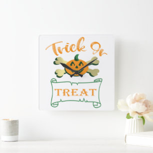 Trick or treat crossbones Halloween pumpkin Square Wall Clock