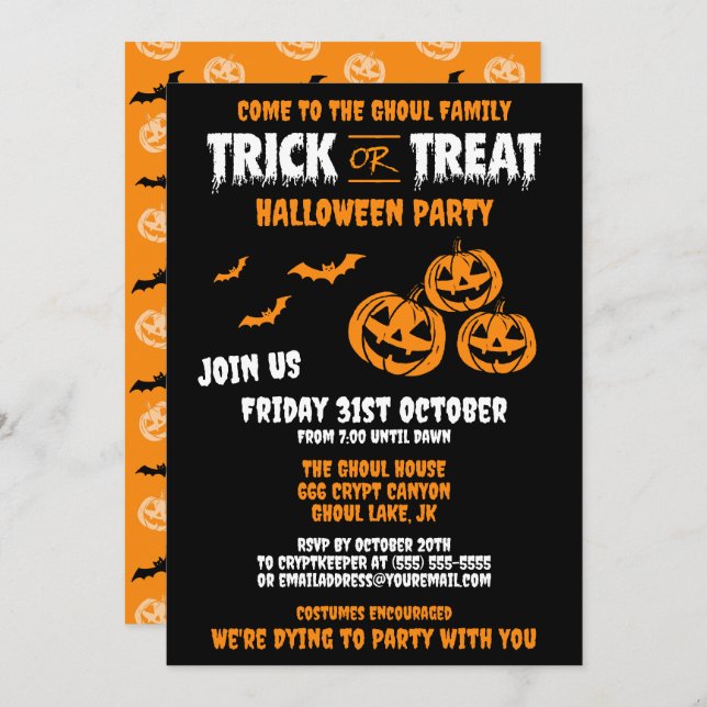 Trick or Treat Customisable Party Invitation B (Front/Back)