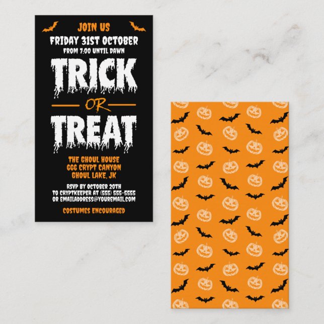 Trick or Treat Customisable Party Invitation D (Front/Back)