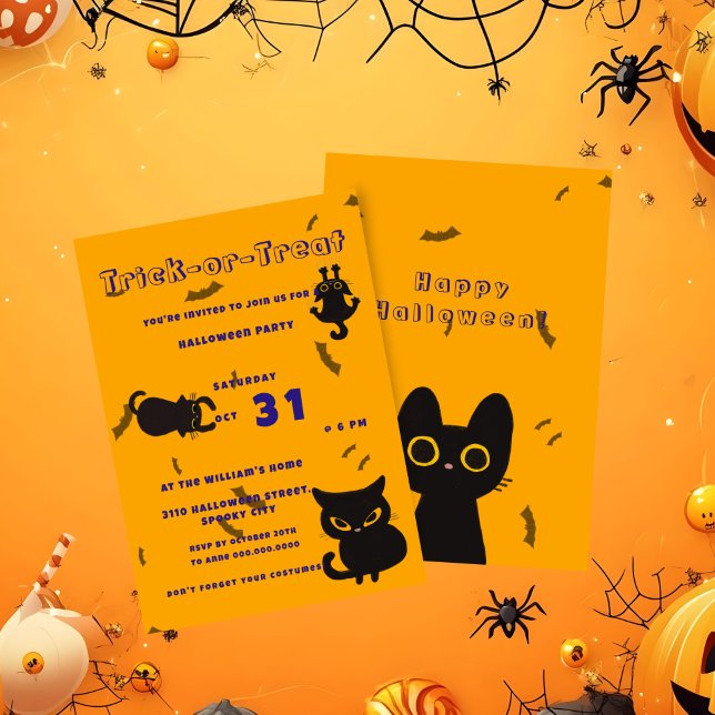 Trick or Treat | Cute Black Cat Halloween  Invitation (Creator Uploaded)