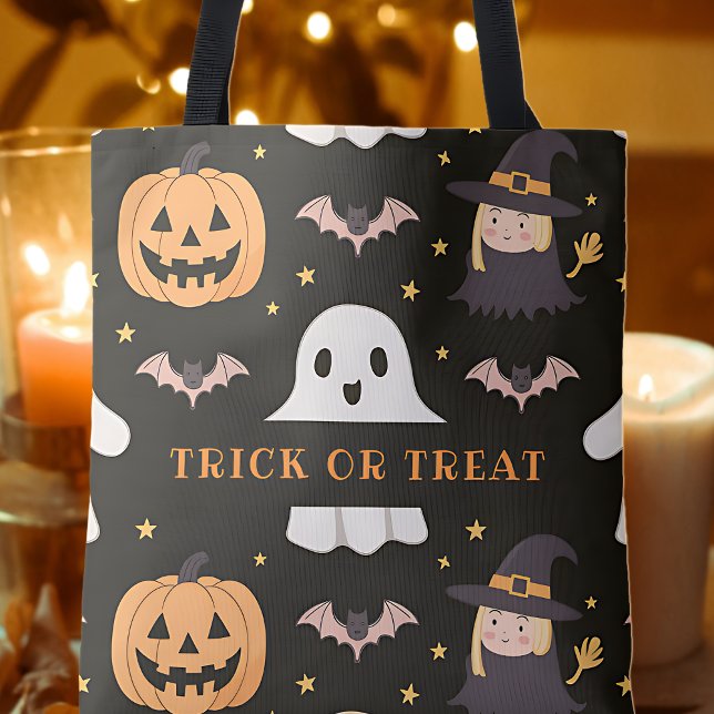 Trick Or Treat Cute Ghost Pumpkin Witch Halloween Tote Bag (Creator Uploaded)