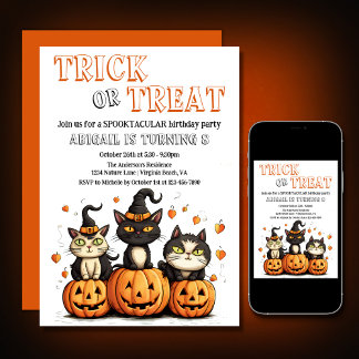 Trick or Treat Cute Halloween Cats Birthday Invitation