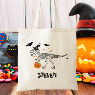 Trick or Treat Dinosaur with Witch Hat Halloween Tote Bag