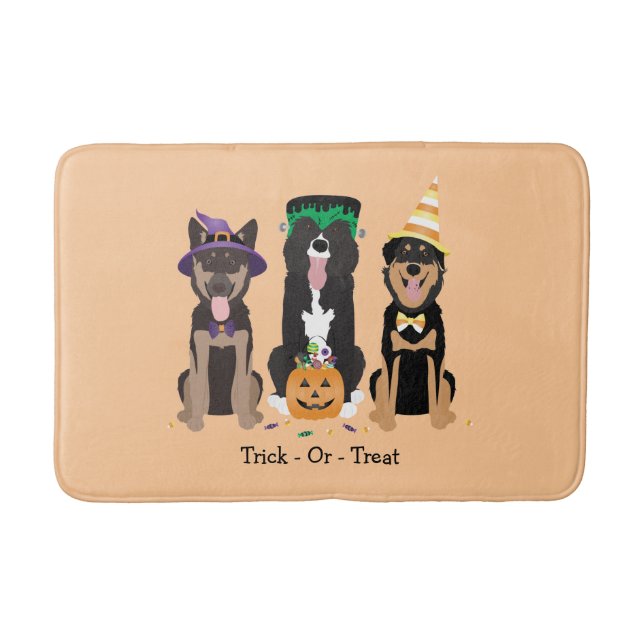 Trick Or Treat Dogs In Halloween Costumes Bath Mat (Front)
