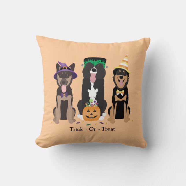 Trick Or Treat Dogs In Halloween Costumes Cushion (Front)