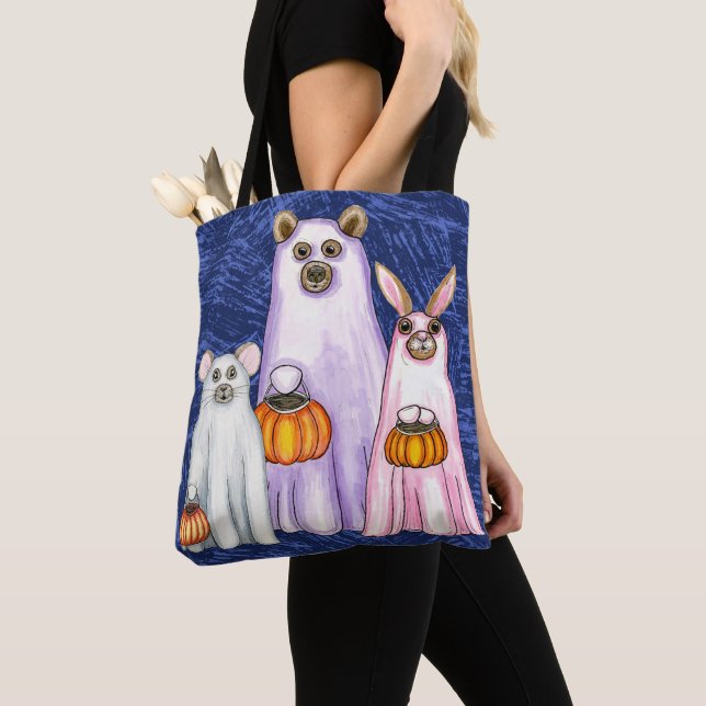 Trick or Treat Forest Friends Ghost Trio Tote Bag (Close Up)