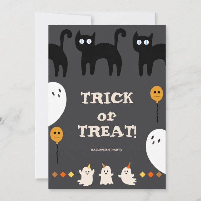 Trick or Treat Ghost And Black Cat Halloween Party Invitation (Front)