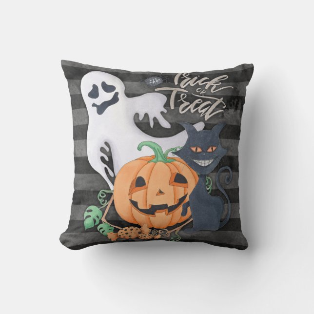 Trick or treat ghost carved pumpkin black cat cushion (Front)