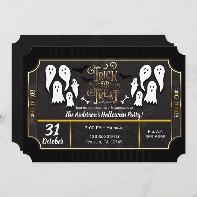 Trick or Treat Ghosts Black & Gold Halloween Party Invitation (Front/Back)