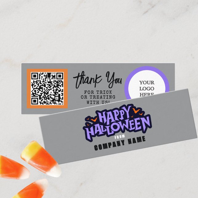 Trick or Treat Grey Happy Halloween Thank You  Mini Business Card (Mini Halloween Business QR Thank You Cards for Trick or Trunk or Treating. Pack of 100)