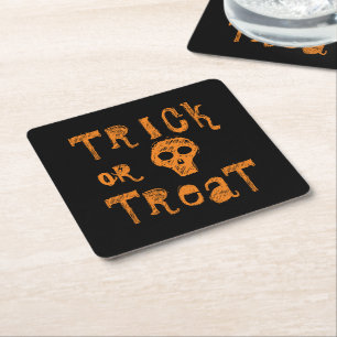 Trick or Treat Grunge Orange Skull Halloween Square Paper Coaster