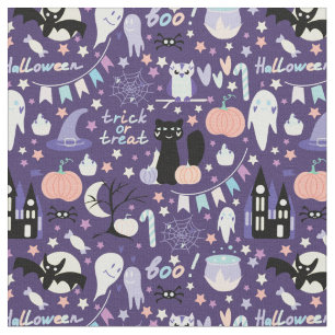 Trick or Treat Halloween Black Cat Pumpkins Purple Fabric