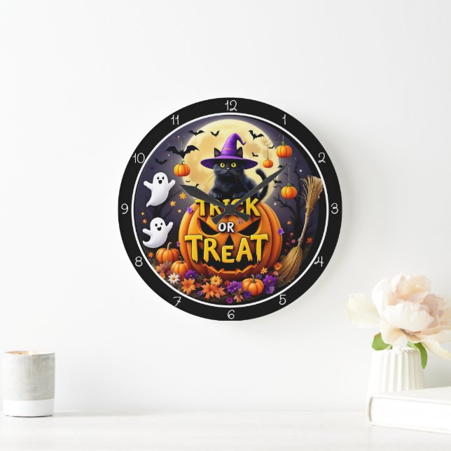 Trick or Treat Halloween Cat Large Clock (Home)