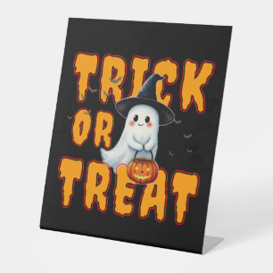 trick or treat halloween cute ghost pumpkin pedestal sign