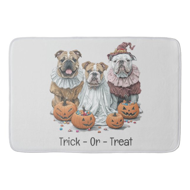 Trick Or Treat Halloween English Bulldogs Pumpkin Bath Mat (Front)