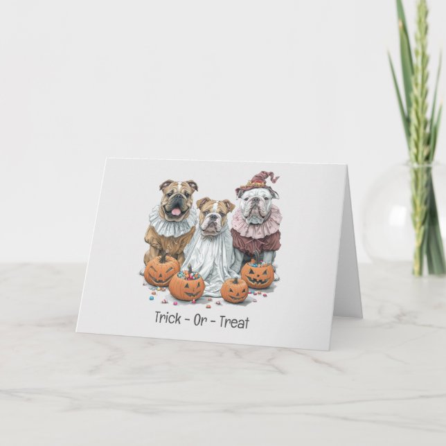 Trick Or Treat Halloween English Bulldogs Pumpkin Holiday Card (Front)