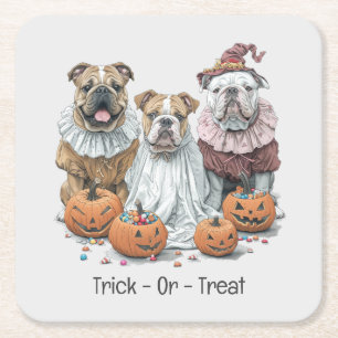 Trick Or Treat Halloween English Bulldogs Pumpkin Square Paper Coaster