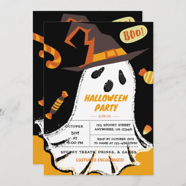 Trick or Treat, Halloween Ghost, Candy Invitation (Front/Back)