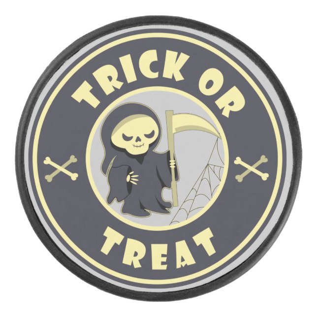 Trick or treat Halloween grim reaper character Hockey Puck (Front)
