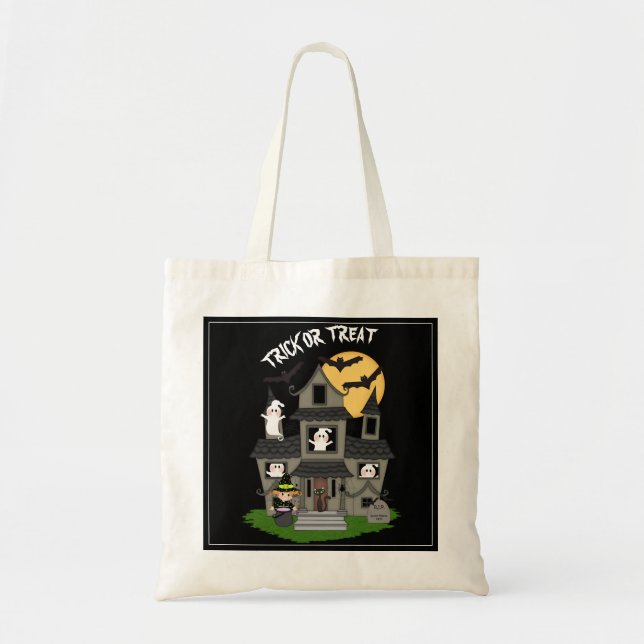 Trick or treat Halloween haunted house black Tote Bag (Front)