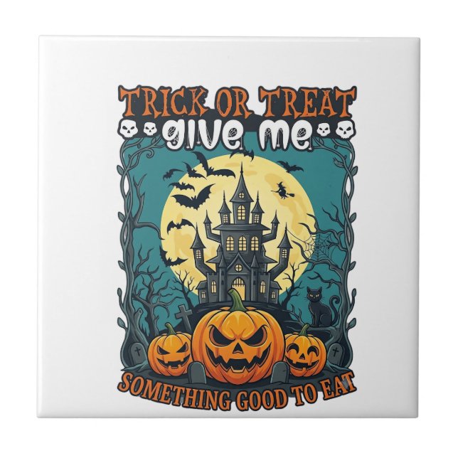 Trick Or Treat Halloween Haunted House Pumpkins Mo Ceramic Tile (Front)