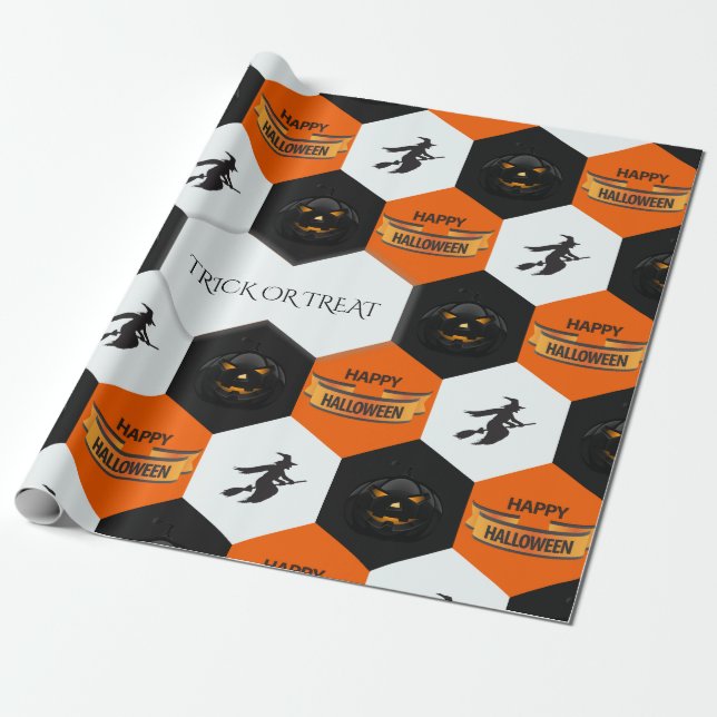 Trick or Treat Halloween Hexagons Pattern Wrapping Paper (Unrolled)