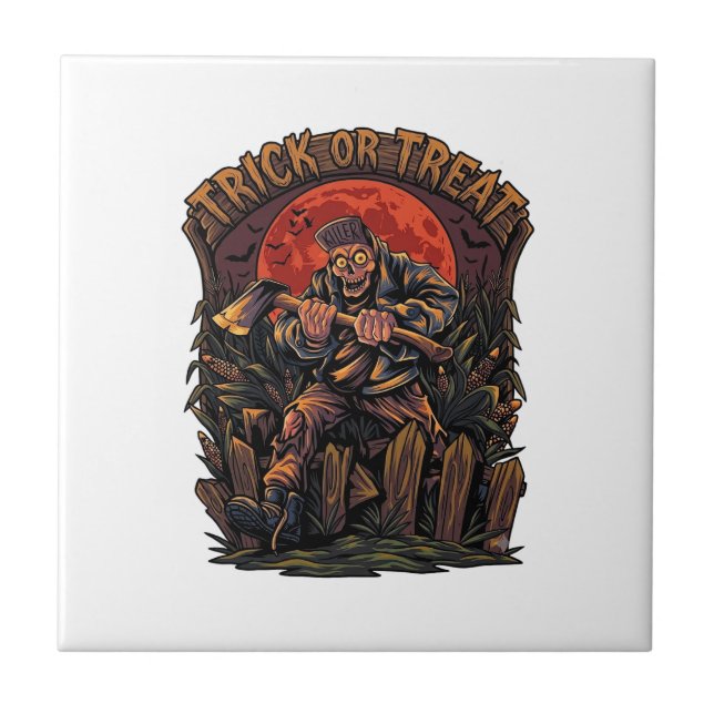 Trick Or Treat Halloween Killer Skeleton Axe Red M Ceramic Tile (Front)