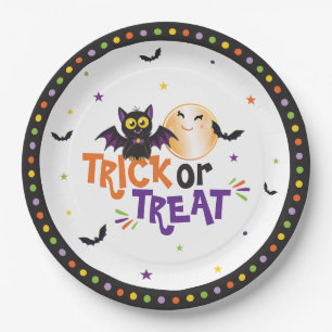 Trick or Treat Halloween Party Cute Bat and Moon Paper Plate