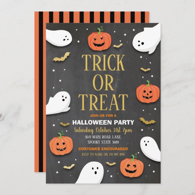 Trick or Treat Halloween Party Ghosts Bags Gold Invitation (Front/Back)