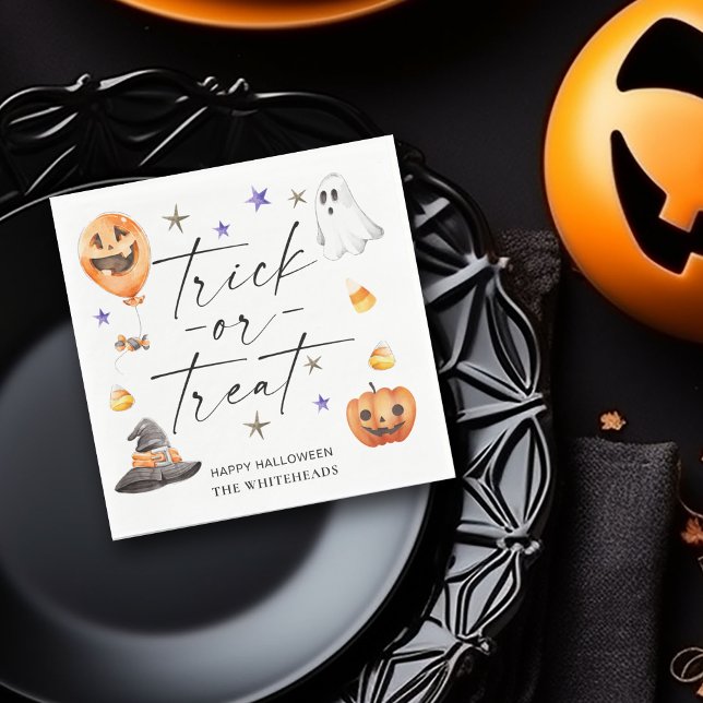 Trick or Treat Halloween Party Napkin (Trick or treat typography napkins with watercolor ghost, witch hat, pumpkin and candy corn design.)