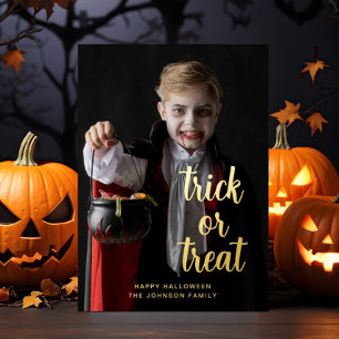 Trick Or Treat Halloween Photo Gold Foil Holiday Card