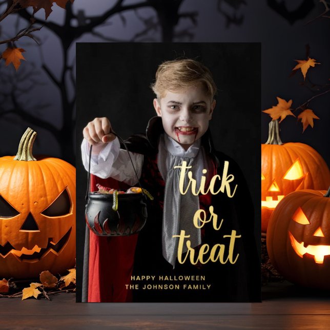 Trick Or Treat Halloween Photo Gold Foil Holiday Card (Trick Or Treat Halloween Photo Gold Foil Holiday Card)