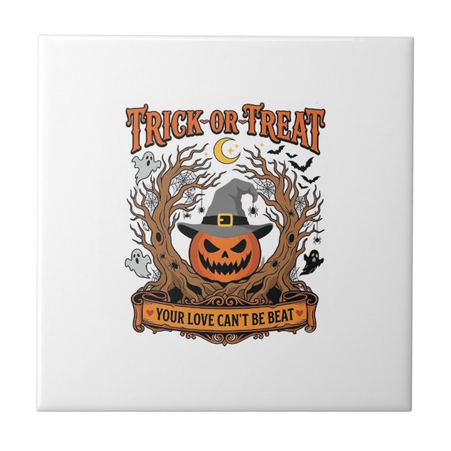 Trick Or Treat Halloween Pumpkin Witch Hat Spooky  Ceramic Tile (Front)