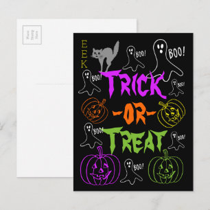 Trick-or-Treat Halloween Theme Pumpkin Ghost Cat Postcard