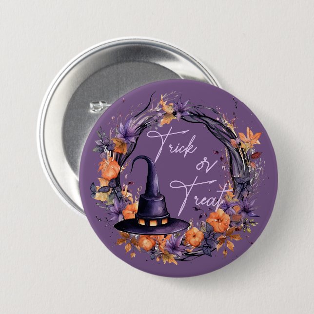 Trick Or Treat Halloween Witch Hat Button (Front & Back)