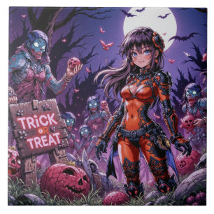 Trick or Treat Halloween Zombies Handing out Brain Ceramic Tile