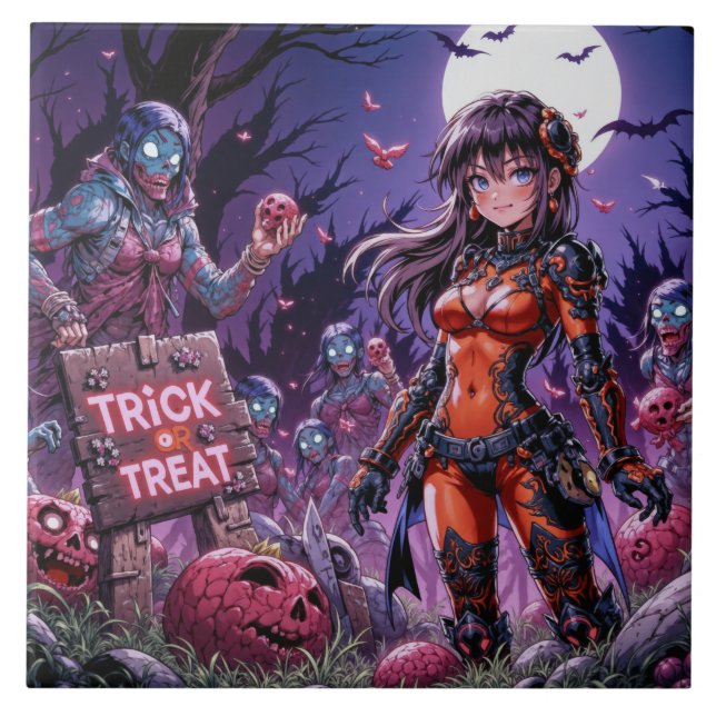 Trick or Treat Halloween Zombies Handing out Brain Ceramic Tile (Front)