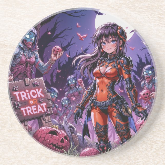 Trick or Treat Halloween Zombies Handing out Brain Coaster (Front)